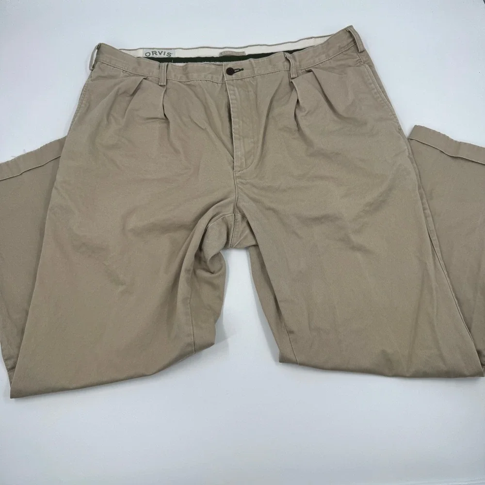 Orvis Pleated Chinos Mens 42 Khaki Tan Cotton Twill Straight Leg Cuffed Pants